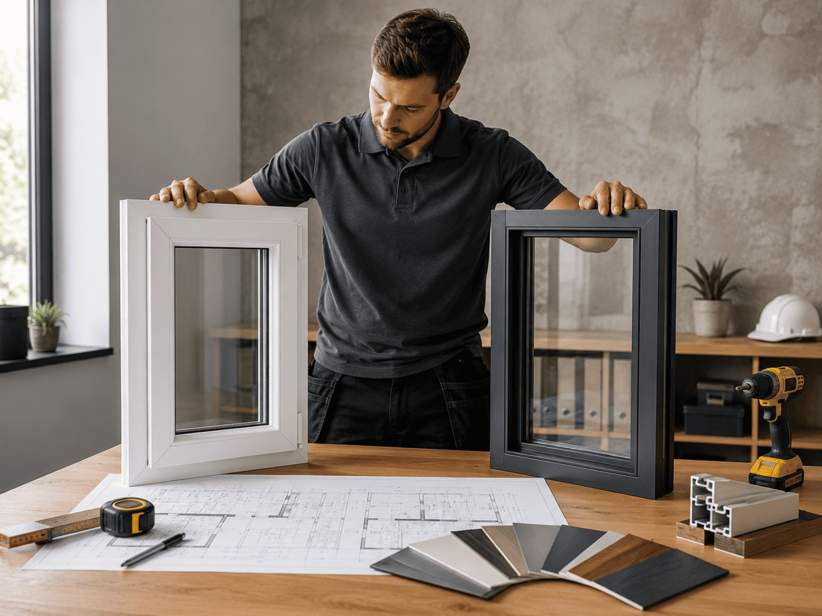 Comparing window frame samples in workshop